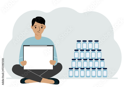 A man holds a clipboard with a blank sheet of paper in his hands. There are many jars of vaccines nearby. Vector flat illustration