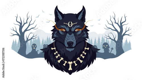 Mystical Wolf Illustration: A captivating illustration of a majestic wolf, adorned with symbolic jewelry, set against a stylized forest backdrop, evokes a sense of mystery and intrigue. 