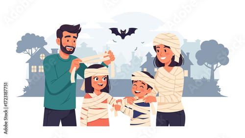 Family Halloween Costume: A family is together for Halloween, with parents helping their children dress up in mummy costumes, set against a backdrop of a quaint town and a soaring bat.