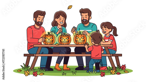 Family Pumpkin Carving Delight: A loving family joyfully carves Halloween pumpkins together in a heartwarming scene.