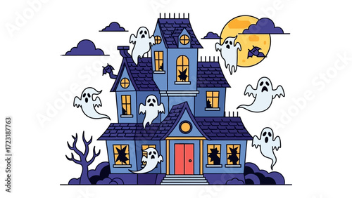 Haunted House and Ghosts: An ominous haunted house, silhouetted against a full moon and dark clouds, is surrounded by ethereal spirits on a spooky night, creating a perfect scene of Halloween.
