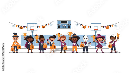 Halloween Champions: Illustrative representation of diverse kids with costumes in a schoolyard setting, each proudly displaying a golden trophy, evoking a sense of celebratory triumph. 