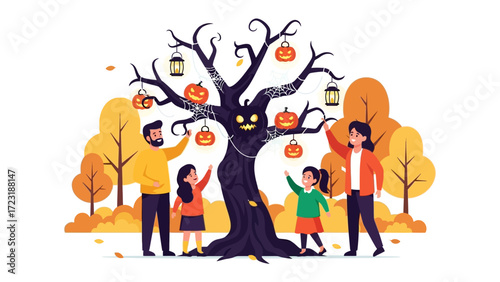 Halloween Family Fun under Spooky Tree: A vibrant illustration showcases a joyful family enjoying the spooky ambiance of Halloween, their attention focused on the creatively adorned tree. 