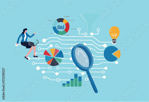 Business intelligence data analysis for business insight, database or statistics, marketing technology or data funnel or indicator concept, businesswoman work with data analysis and magnifying glass.