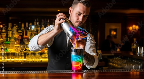 Bartender pouring cocktail.
