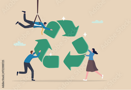 Reuse or recycle to protect environment, ESG or green ecology to preserve nature, conservative corporate responsibility, reduce pollution, environmental concept, people help connect recycle symbol.