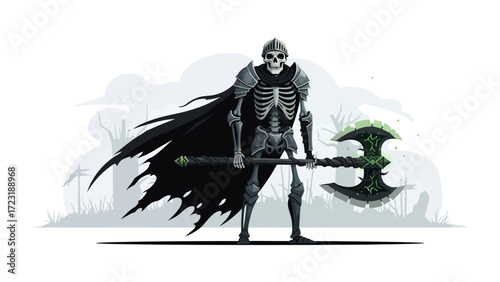 Undead Warrior in Armor: A stoic skeletal warrior, clad in battle armor and a flowing cape, stands ready with a menacing battle axe, a symbol of dark fantasy and strength.