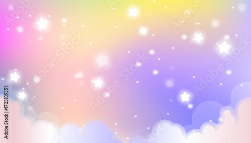 Pastel rainbow unicorn background with sparkles and stars. Iridescent gradient sky in kawaii princess style. Holographic dreamy vector texture for party, holiday and celebration design