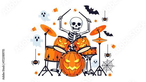 Spooky Beat: A skeletal drummer pounds out a rhythmic beat on a pumpkin-themed drum set, surrounded by playful ghosts, bats, and spiderwebs, creating a festive Halloween scene.