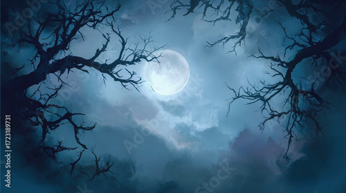 Wide Full Moon Shining Through Dense Gray Clouds with Twisted Bare Tree Branches in Foreground Against Evening Sky