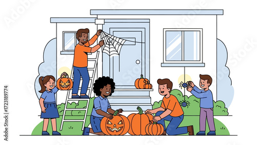 Enchanting Halloween Preparations: Captivating a cheerful autumn tableau. A group of children and adults transform a house into a festive Halloween scene with spooky decorations.