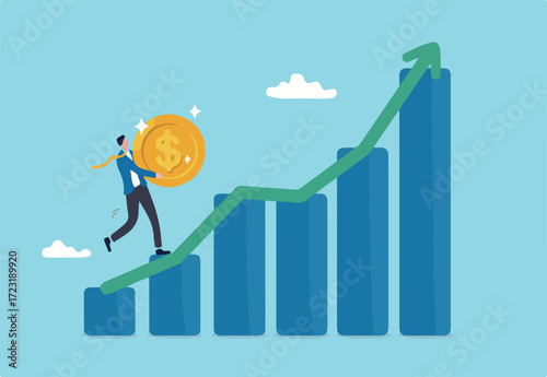 Investment graph, earning or profit from stock exchange or mutual fund, wealth management or asset growth concept, confidence businessman carry big dollar coin climb up rising up financial graph.