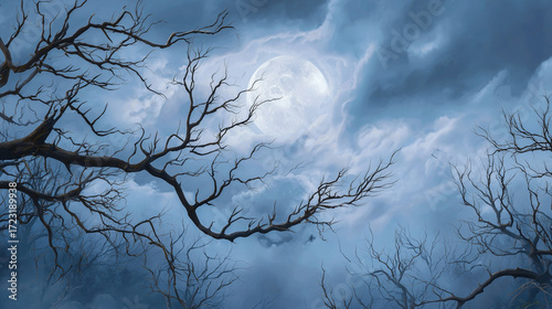 Wide Full Moon Shining Through Dense Gray Clouds with Twisted Bare Tree Branches in Foreground Against Evening Sky
