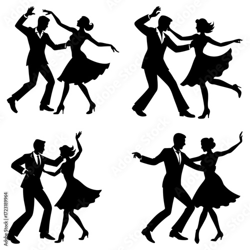 Silhouettes of couples dancing in various poses on a white background showcasing movement and coordination
