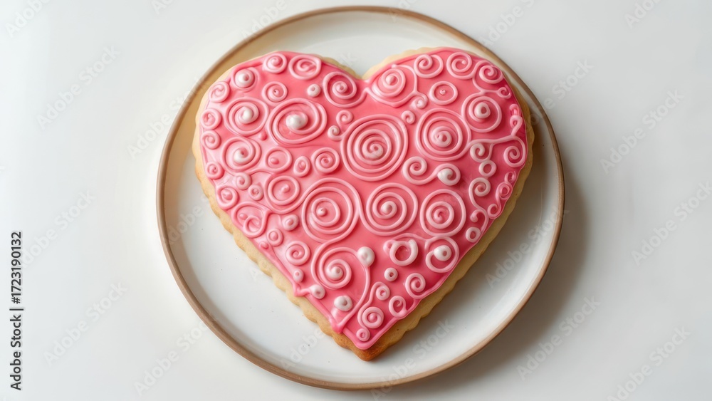 Fototapeta premium Stunning pink heart-shaped cookie with elegant royal icing swirls and delicate pearls, perfect for Valentine's Day or romantic celebrations.