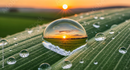 Sunrise reflected in water droplets on a leaf in the early morning