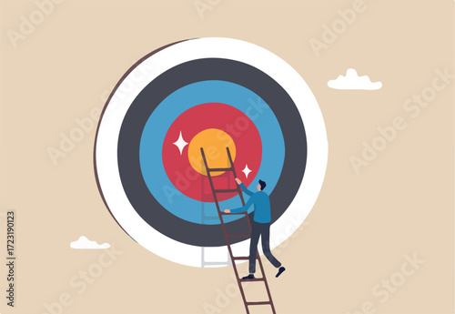 Climb up ladder to reach target or goal, aspiration to success, growth or aiming to achieve target, objective or purpose, motivation to winning concept, businessman climbing ladder to business goal.