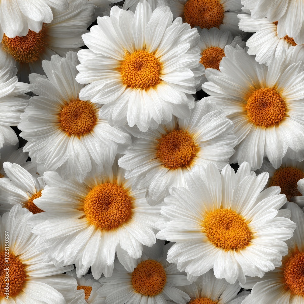 Fototapeta premium Seamless photorealistic background of vibrant white daisy flowers with orange centers.