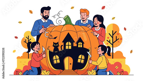 Family Halloween Fun: A family united in the spirit of Halloween, meticulously carving a giant pumpkin into a festive jack-o'-lantern, crafting memorable moments of spooky joy.