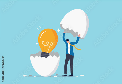 New creative idea, innovation or solution for business, entrepreneurship or startup idea, creation or discovery concept, businessman entrepreneur discover hatching egg with lightbulb idea inside.