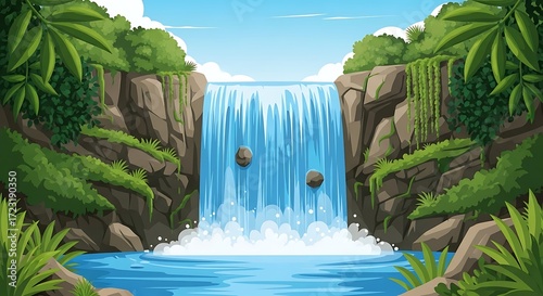 Waterfall in tropical jungle.