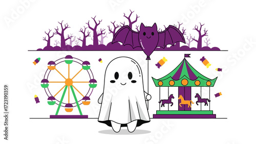 Haunted Carnival Delight: A cheerful cartoon ghost holds a bat-shaped balloon, smiling amidst a playful carnival scene filled with a Ferris wheel, carousel, and candy.
