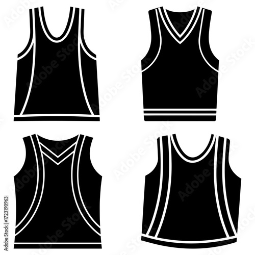 An array of four black and white basketball jerseys with different necklines and stripe designs displayed