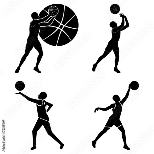 Silhouettes of basketball players in various poses holding and playing with basketballs on a white background