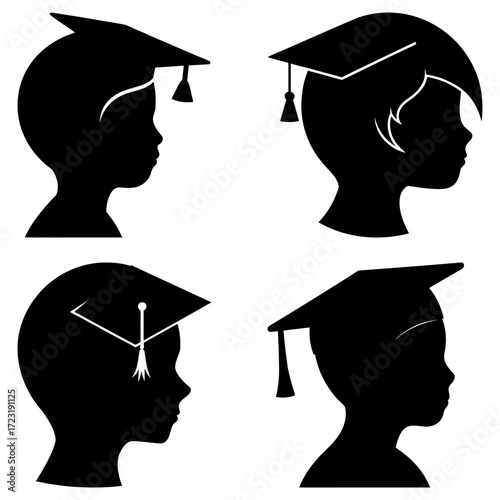 Four silhouettes of children wearing graduation caps in a black and white vector illustration design art
