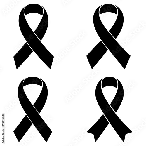 Four black ribbons arranged in a square pattern on a white background for awareness and support use