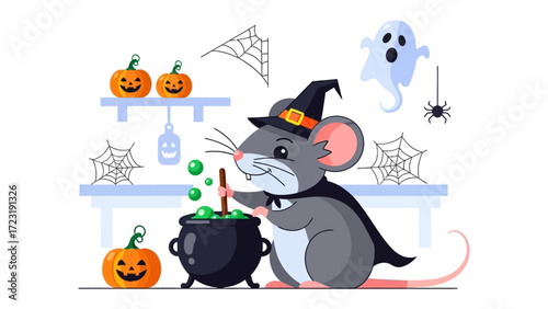 Spooky Brew: A whimsical Halloween scene features a cartoon rat witch, stirring a bubbling potion in a cauldron amid a playfully eerie decor of spiderwebs, pumpkins, and a friendly ghost.