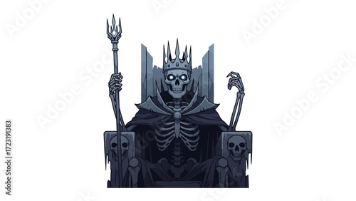 Undead King on the Throne: A pixel art illustration of a skeletal king, seated regally upon a dark, ornate throne, holding a scepter and exuding an aura of ominous power.