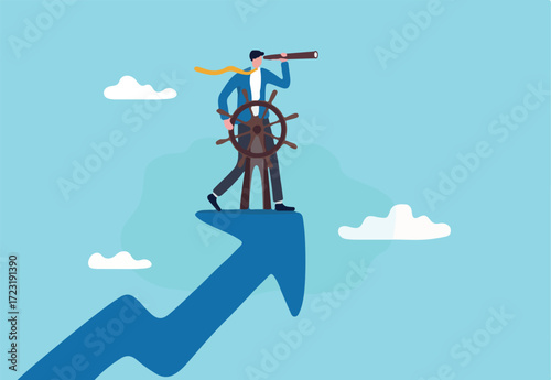 Leadership to lead company direction, vision to see opportunity, skill to overcome challenge or decision to control and drive growth concept, businessman captain control rudder helm on growth arrow.