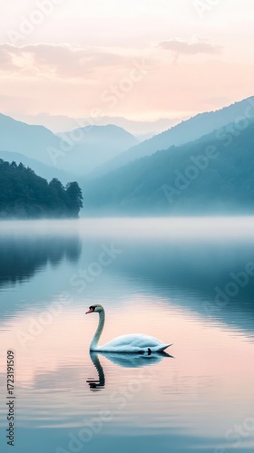 Swan is swimming in a lake surrounded by mountains. The sky is pink and the water is calm
