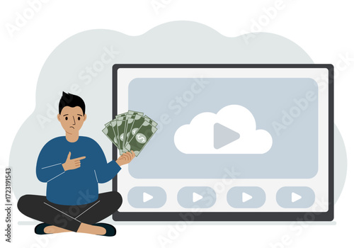 A man holds paper banknotes in his hand, next to a computer with a video. Freelancer, earning money, working on the Internet, training, coaching, business, remote work. Vector flat illustration