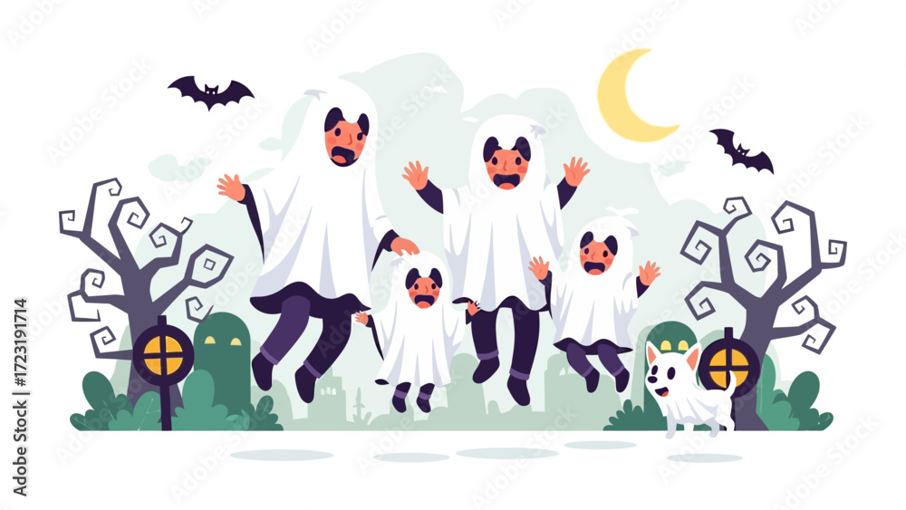 Naklejka premium Happy Halloween Ghosts: A fun family dressed as playful ghosts is dancing and enjoying a festive Halloween, an illustrated scene, perfect for adding a touch of holiday spirit to your project. 