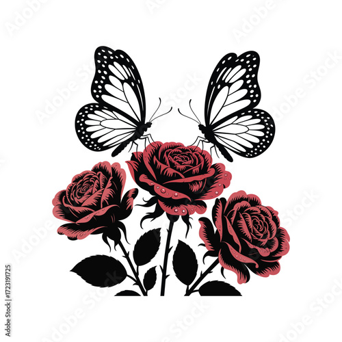 Monochrome Silhouette Illustration A Black Vector Butterfly Duo Resting on Roses A Detailed Floral Arrangement with Delicate Wing Patterns