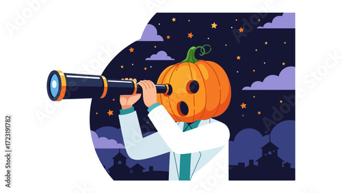 Pumpkin Head Observes the Cosmos: In this illustration, a whimsical pumpkin-headed figure gazes through a telescope, observing the starry night sky. The scene evokes a sense of curiosity and wonder.