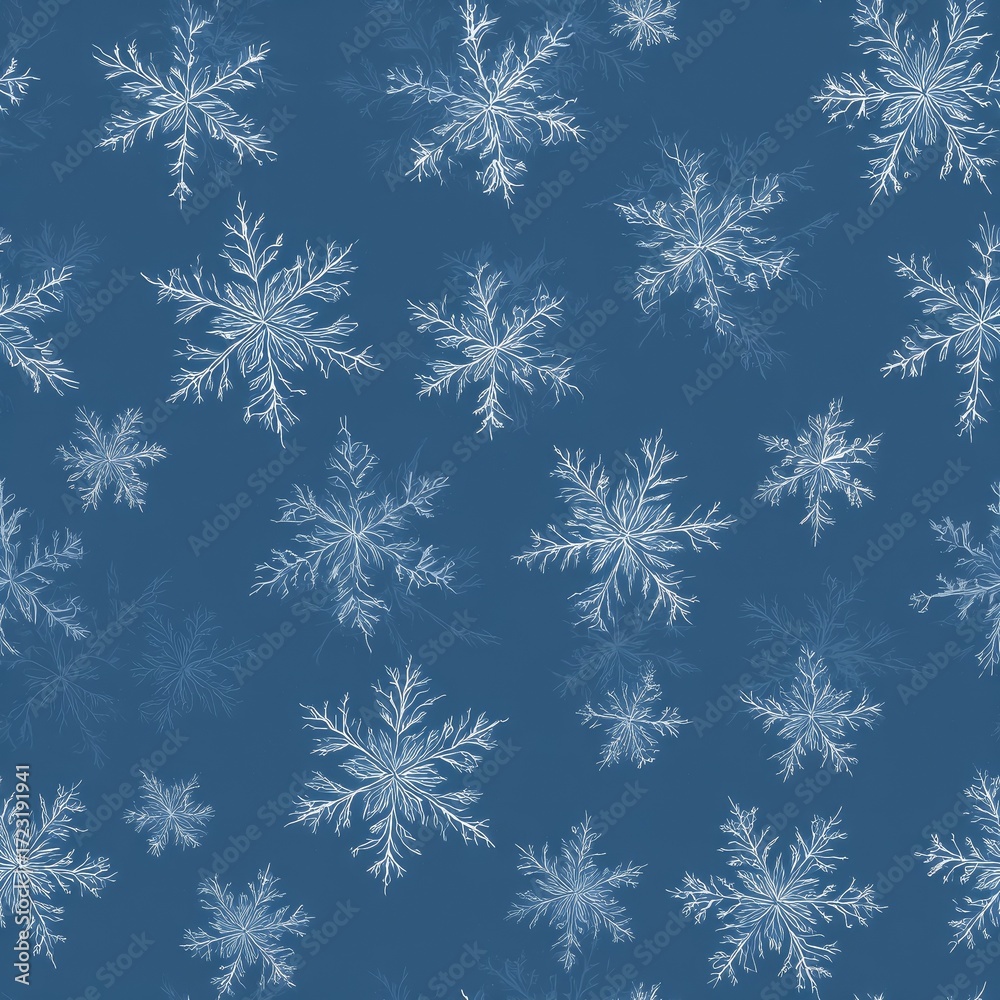 Fototapeta premium Seamless Minimalist Snowflakes Pattern on Dark Blue Background