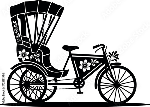 Traditional Bangladeshi Rickshaw Silhouette Vector Illustration of Bicycle Taxi with Floral Artwork.