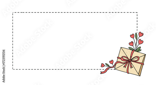 Vintage love letter envelope with ribbon and heart-shaped flowers  