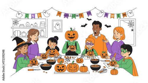 Halloween Pumpkin Carving: A vibrant illustration of a family coming together for a fun Halloween tradition - pumpkin carving - filled with joyful anticipation and shared creativity. 