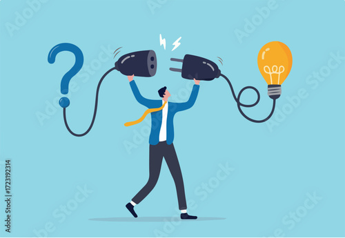Solution solving problem, answer to hard question or creativity idea and innovation help business success, leadership to overcome difficulty, businessman connect question mark with lightbulb solution.