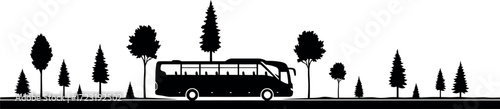 A bus driving through a forest with trees high quality stock photo background perfect for creative commercial and editorial use.