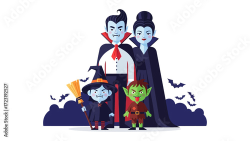Halloween Family Portrait: A whimsical family dressed in classic Halloween costumes stands together, bathed in the moonlit shadows, evoking the spirit of spooky festivities.