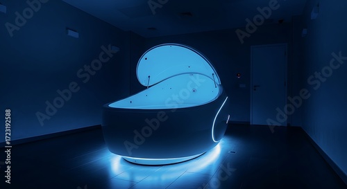 Relax In A State Of Deep Tranquility Inside This Futuristic Floatation Tank, Illuminated By Soothing Blue Light For Ultimate Wellness.