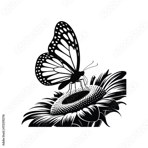 Butterfly on Sunflower Vector Illustration A Detailed Silhouette of a Butterfly Resting on a Sunflower Black and White Graphic Art Design
