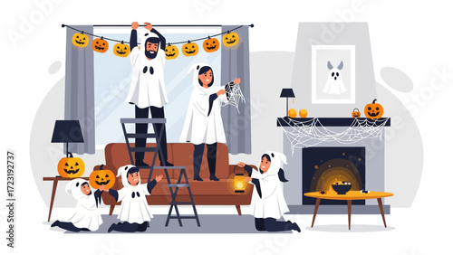 Happy Halloween: A cheerful family transforms their living space with festive decorations, embodying the spirit of the holiday.