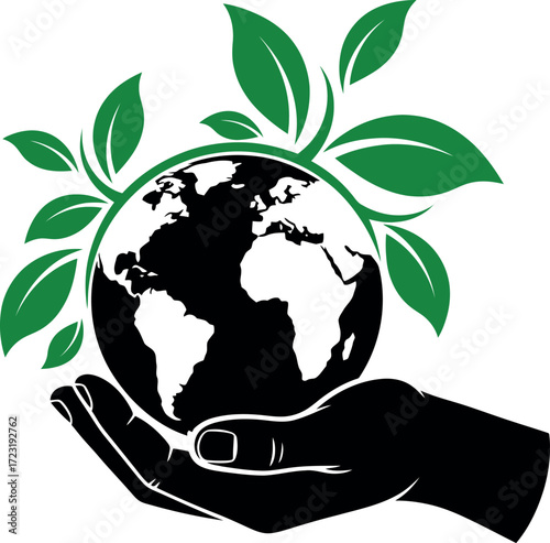 A hand holding a green earth with leaves high quality stock photo background perfect for creative commercial and editorial use.