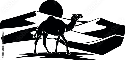 A black and white silhouette of a camel with a flag high quality stock photo background perfect for creative commercial and editorial use.